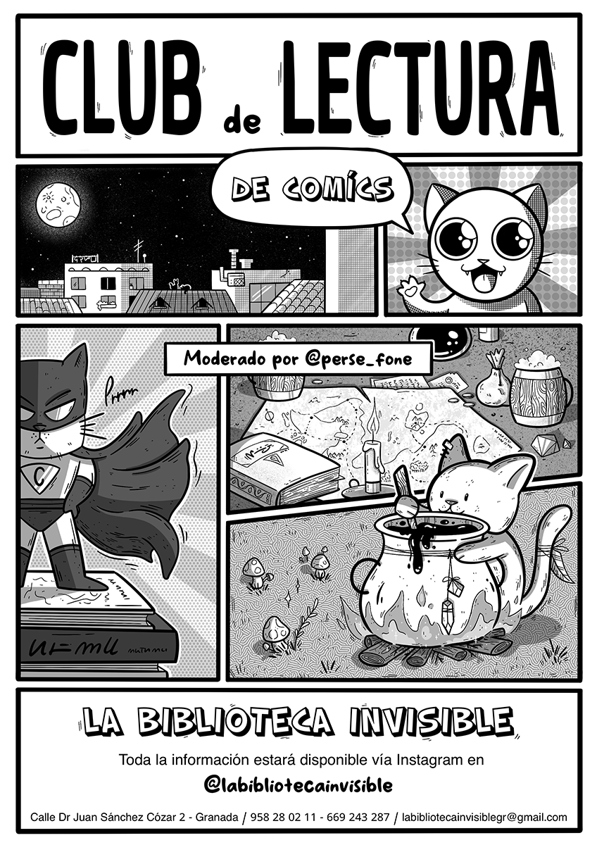 Cartel Clubs de cómics, moderado por Persefone. Toda la información disponible vía Instagram en @labibliotecainvisible